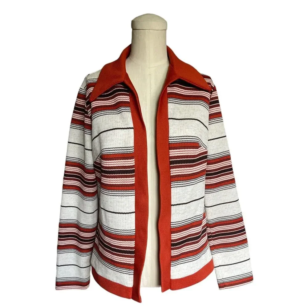 Vintage 60s 70s Rust Orange Brown Dagger Collar Open Cardigan Jacket Striped - Picture 1 of 3